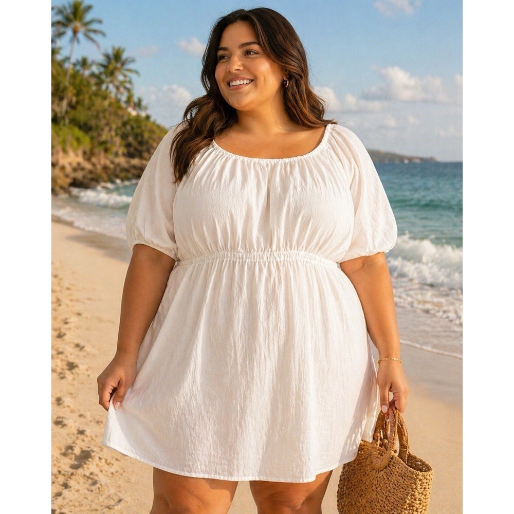 Old‎ Navy Womens Boho Peasant Dress 3X White Cotton Gauze Mini Tie Back Summer